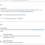 Giao diện cài đặt chế độ tiết kiệm năng lượng (Energy saver) trong Google Chrome, hiển thị các tùy chọn bật/tắt và ngưỡng kích hoạt