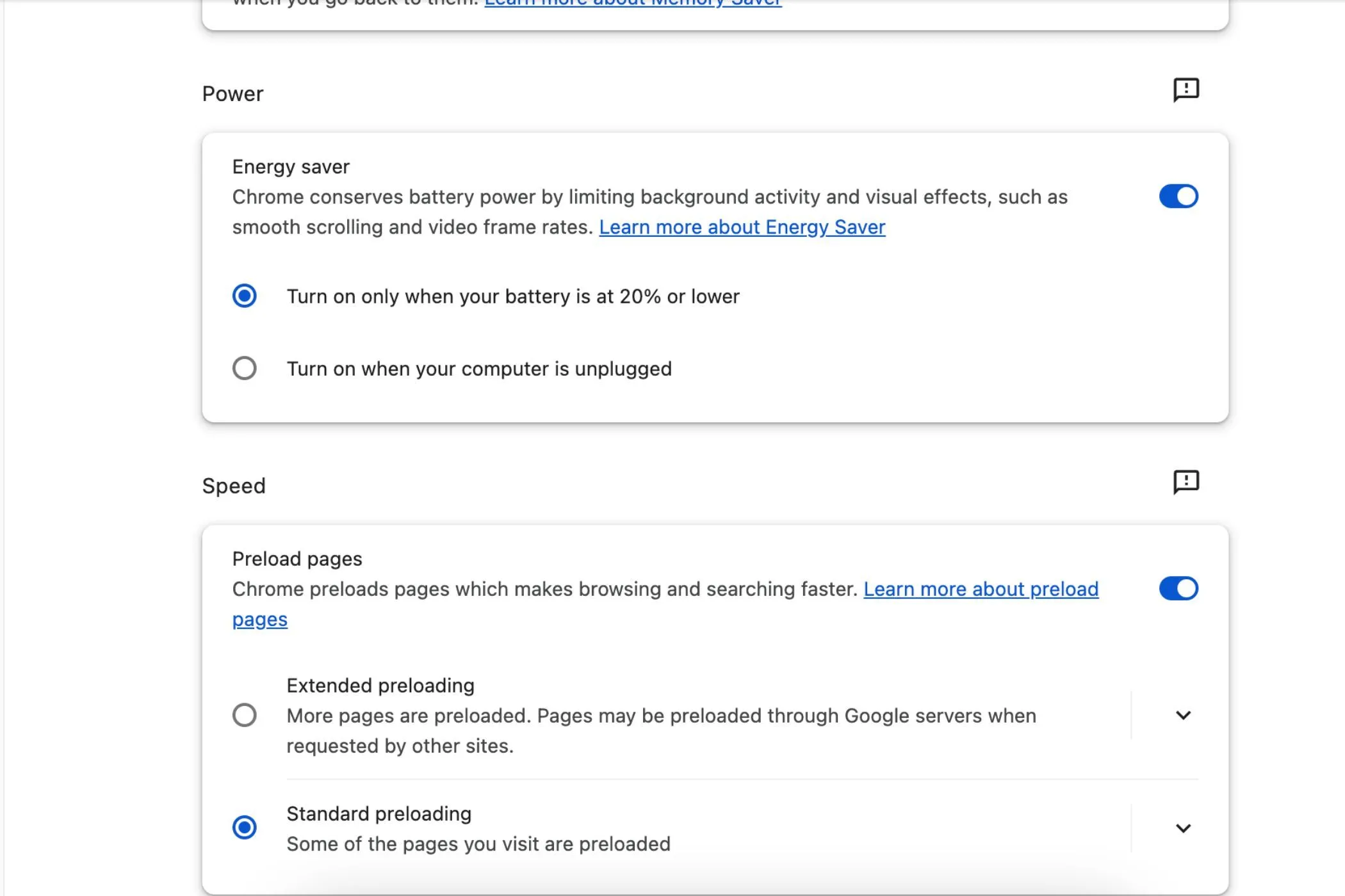 Giao diện cài đặt chế độ tiết kiệm năng lượng (Energy saver) trong Google Chrome, hiển thị các tùy chọn bật/tắt và ngưỡng kích hoạt