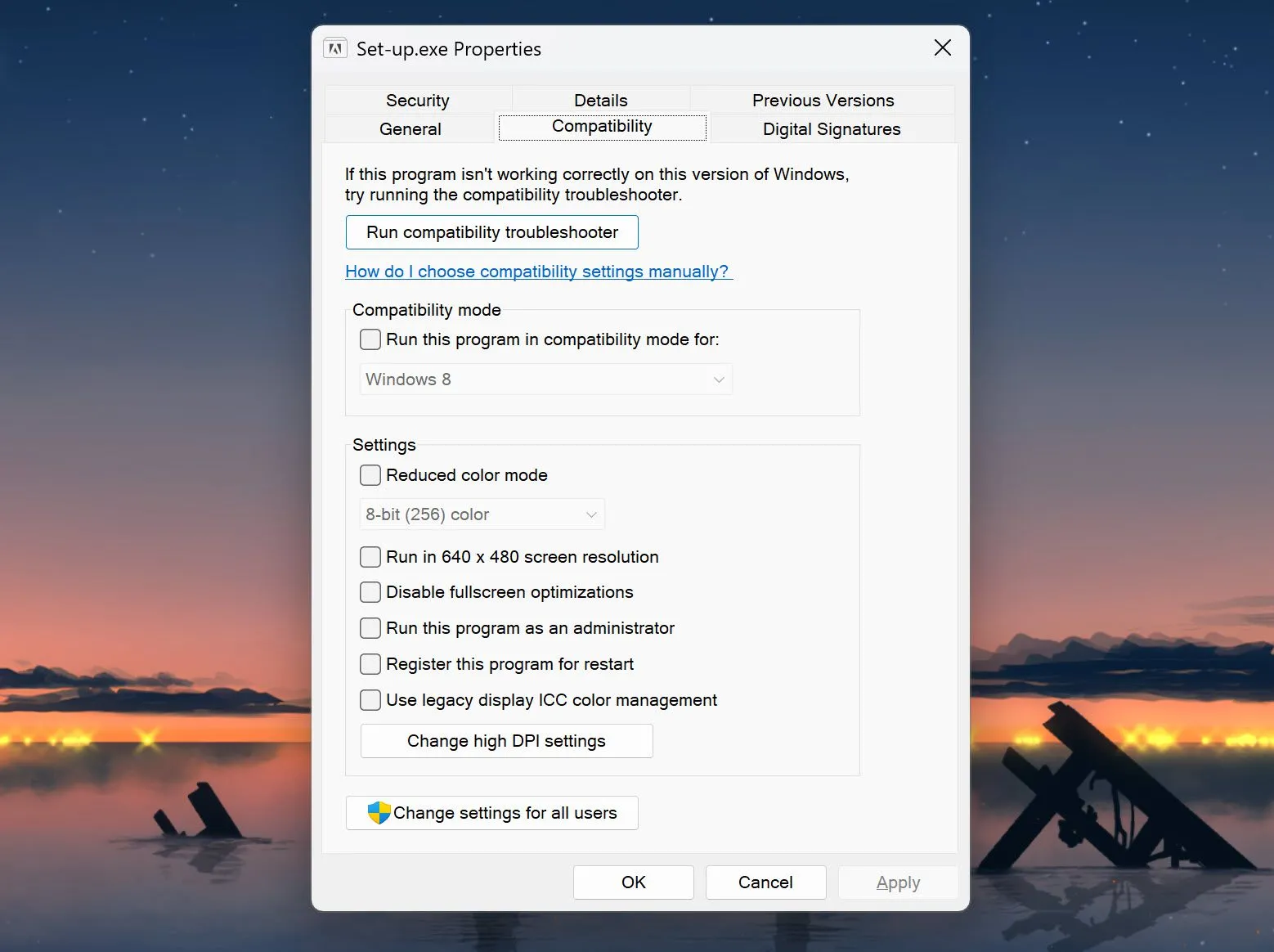 Giao diện cài đặt Chế độ Tương thích của một chương trình trên Windows 11, hiển thị các tùy chọn cấu hình