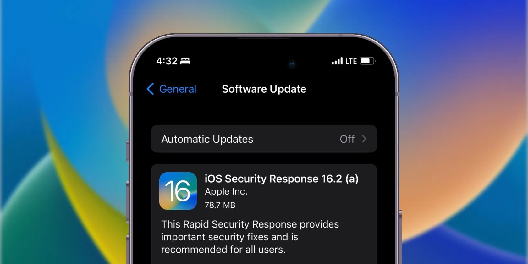 Giao diện cài đặt cho phép bật tính năng Rapid Security Response trên iPhone, giúp cập nhật bảo mật nhanh chóng