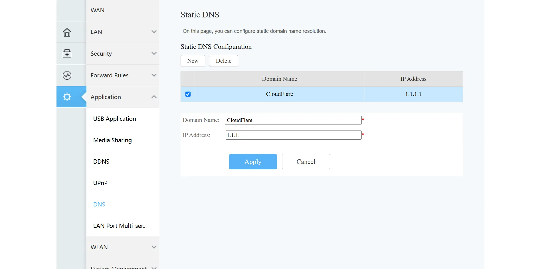 Giao diện cài đặt DNS trên router hiển thị địa chỉ Cloudflare 1.1.1.1 và các tùy chọn cấu hình