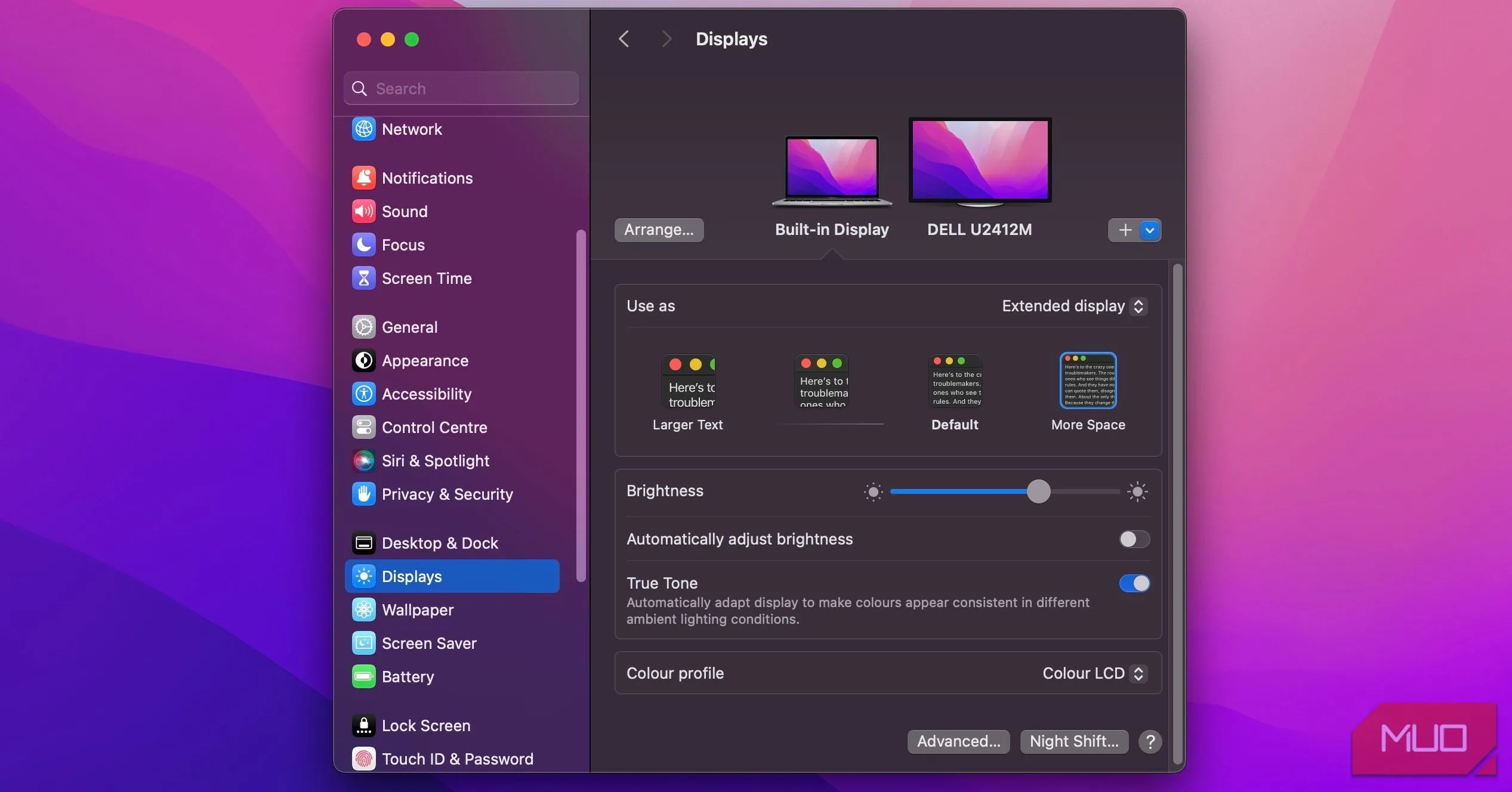 Giao diện cài đặt hiển thị (Display Settings) trên macOS Sonoma