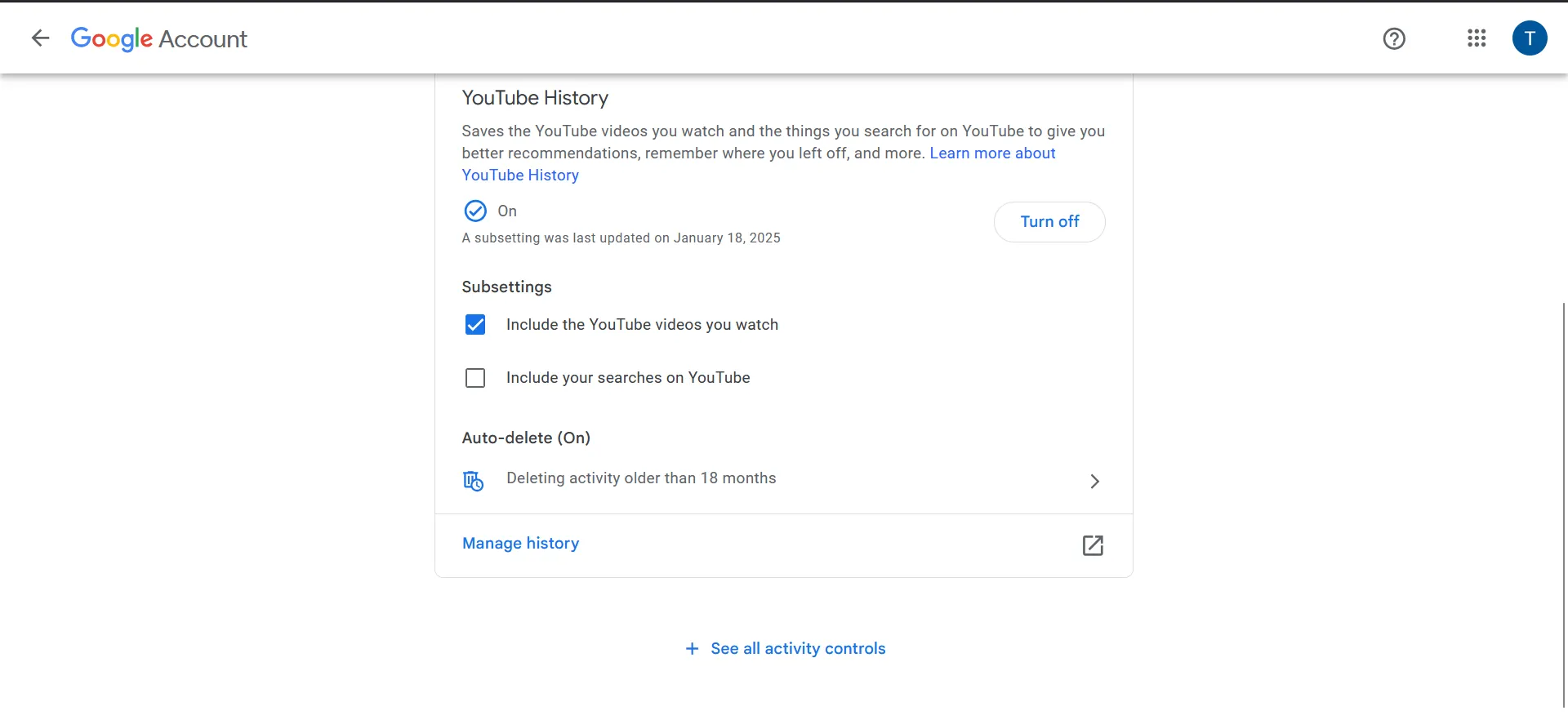 Giao diện cài đặt kiểm soát lịch sử hoạt động trên YouTube, hiển thị tùy chọn quản lý lịch sử xem và tìm kiếm