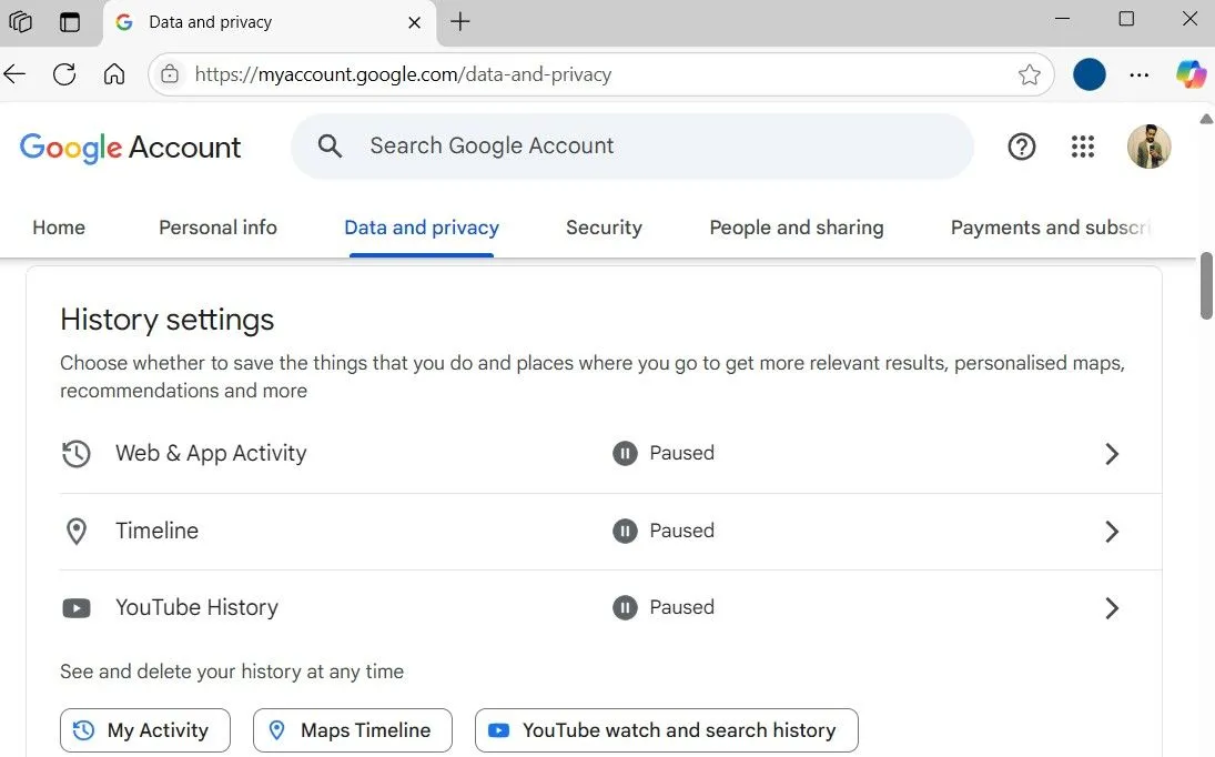 Giao diện cài đặt lịch sử hoạt động trong tài khoản Google, cho phép quản lý Hoạt động web &amp; ứng dụng, Dòng thời gian và Lịch sử YouTube.