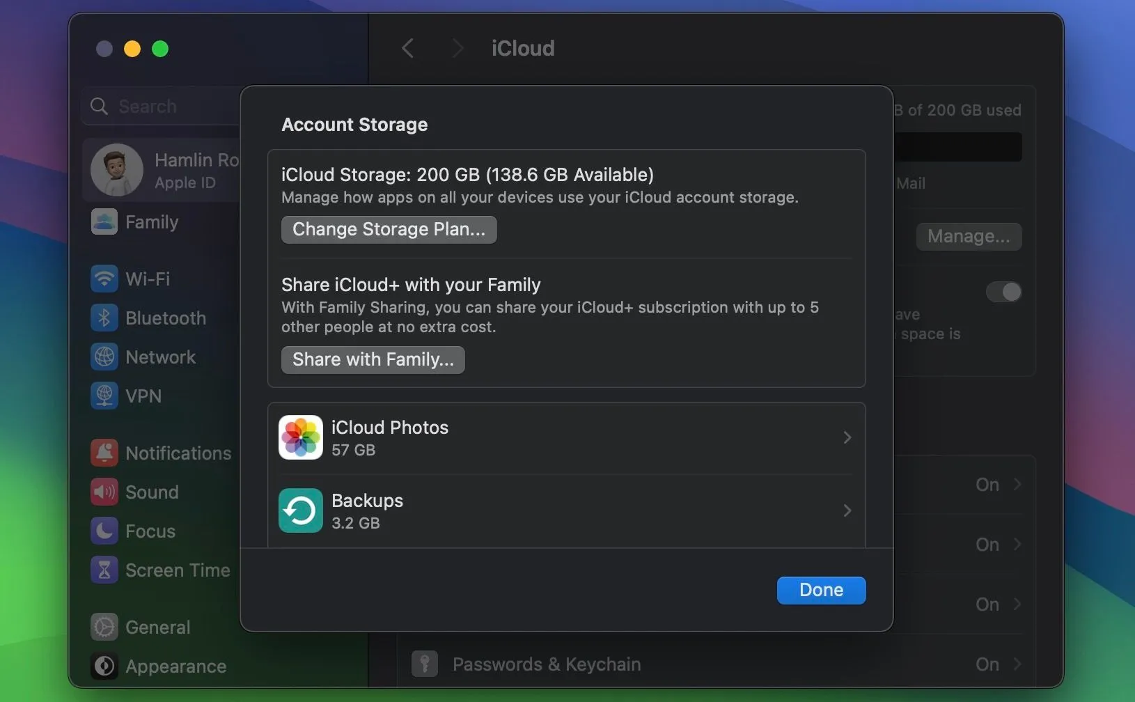 Giao diện cài đặt lưu trữ iCloud trên macOS, hiển thị dung lượng đã sử dụng và các danh mục dữ liệu được sao lưu.