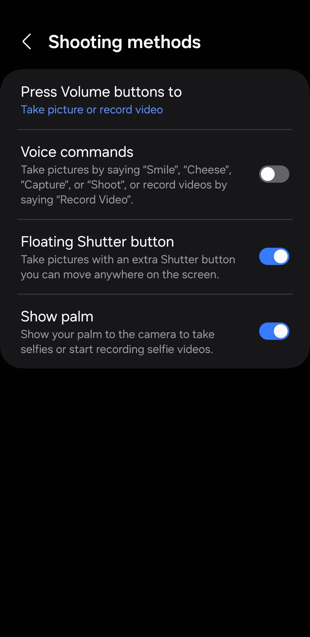Giao diện cài đặt &quot;Phương pháp chụp&quot; trong ứng dụng Camera Samsung, hiển thị tùy chọn &quot;Nút chụp nổi&quot; đang được bật.