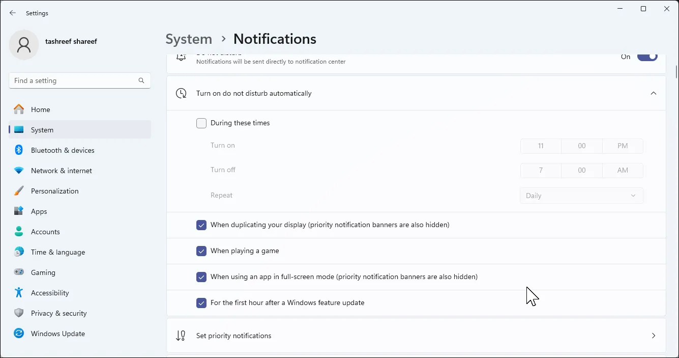 Giao diện cài đặt thông báo của Windows 11