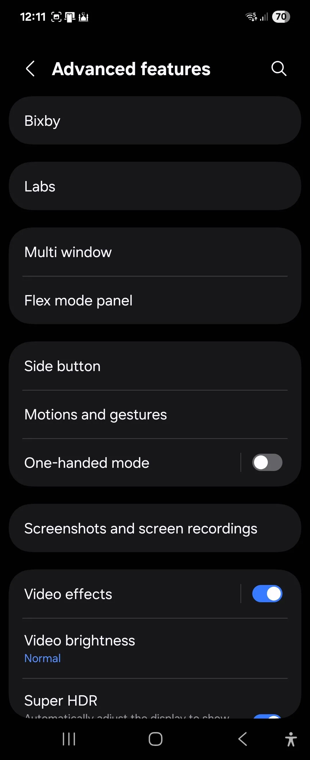 Giao diện cài đặt Tính năng nâng cao trên Samsung Galaxy Z Flip 6 với One UI 7