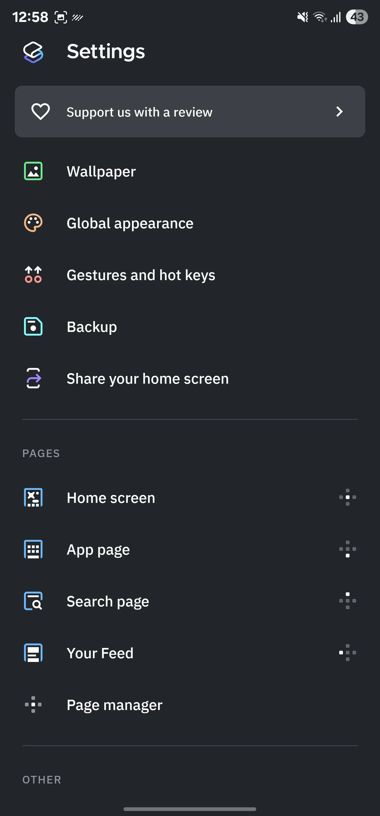 Giao diện cài đặt tổng quan của Smart Launcher, cung cấp nhiều tùy chọn cấu hình và cá nhân hóa thiết bị.