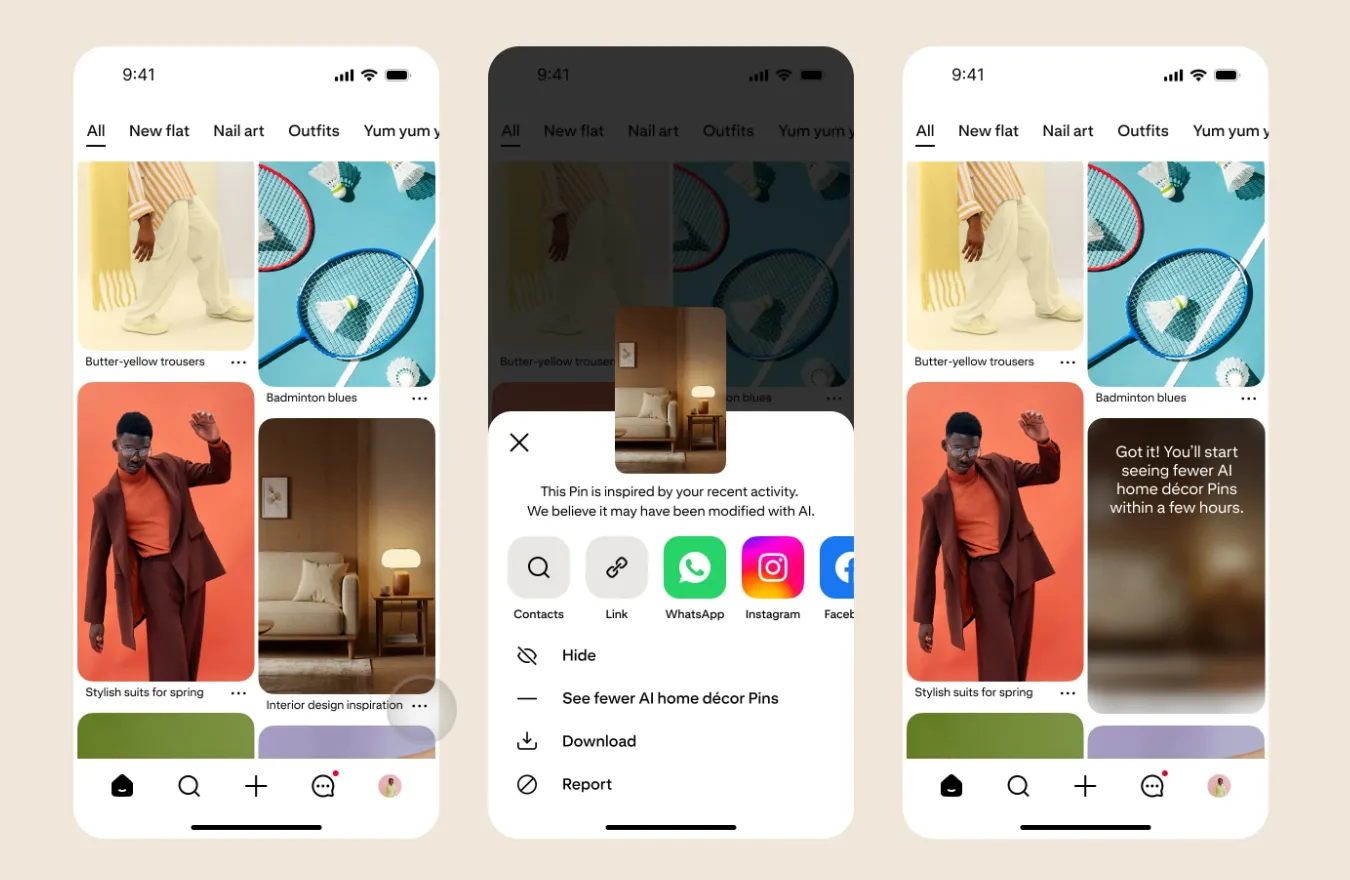 Giao diện cài đặt trên Pinterest cho phép người dùng tùy chỉnh để xem ít ghim hoặc nội dung được tạo bởi AI hơn, cải thiện trải nghiệm duyệt hình ảnh.