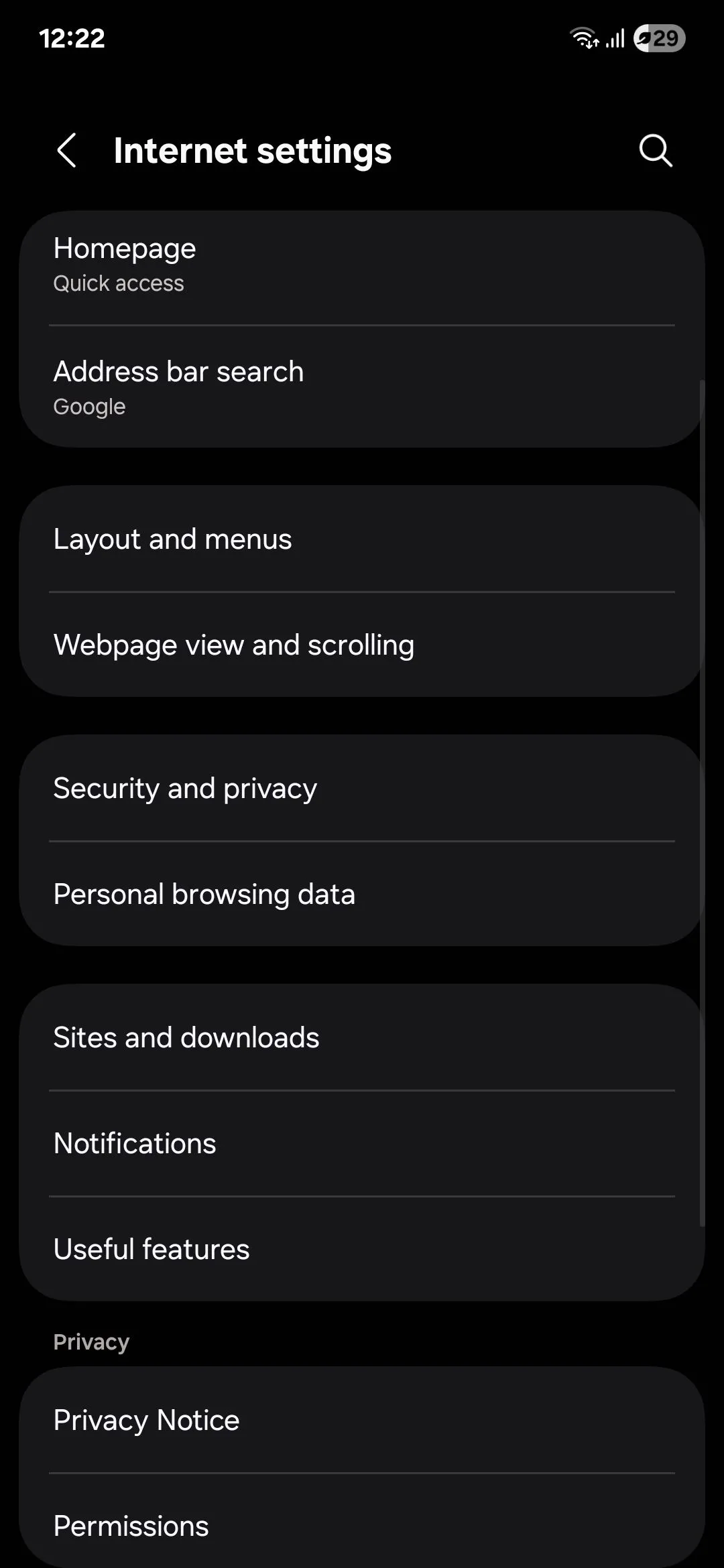 Giao diện cài đặt trình duyệt Samsung Internet với các tùy chọn tùy chỉnh và bảo mật nâng cao.