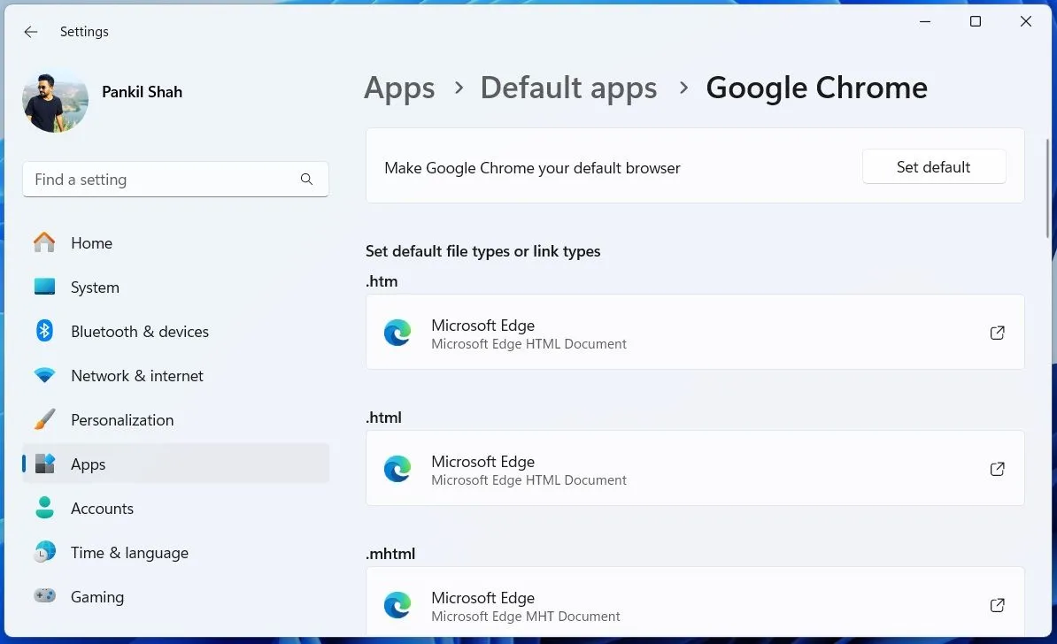 Giao diện Cài đặt ứng dụng mặc định trong Windows 11