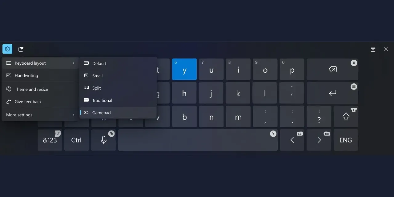 Giao diện cài đặt Windows 11 hiển thị tùy chọn thay đổi bố cục bàn phím sang Gamepad