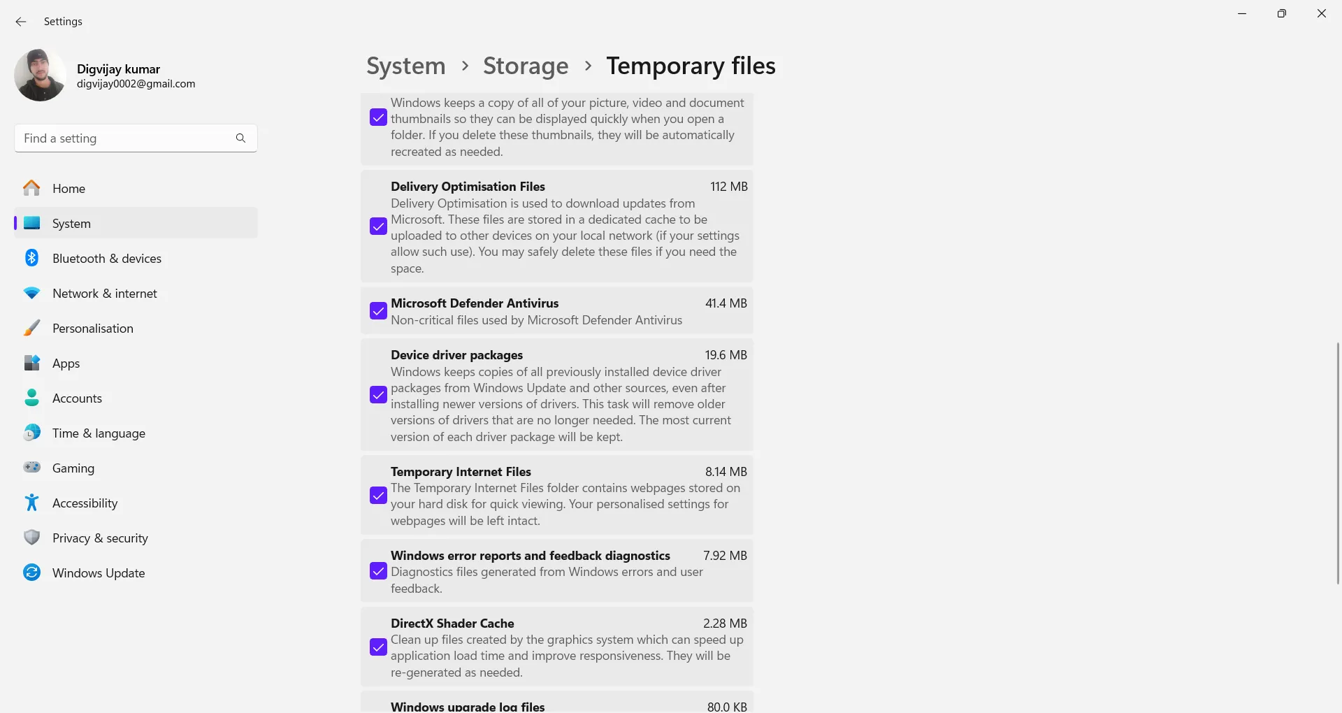 Giao diện Cài đặt Windows hiển thị tùy chọn xóa &quot;Delivery Optimization Files&quot; trong mục Tệp Tạm thời.