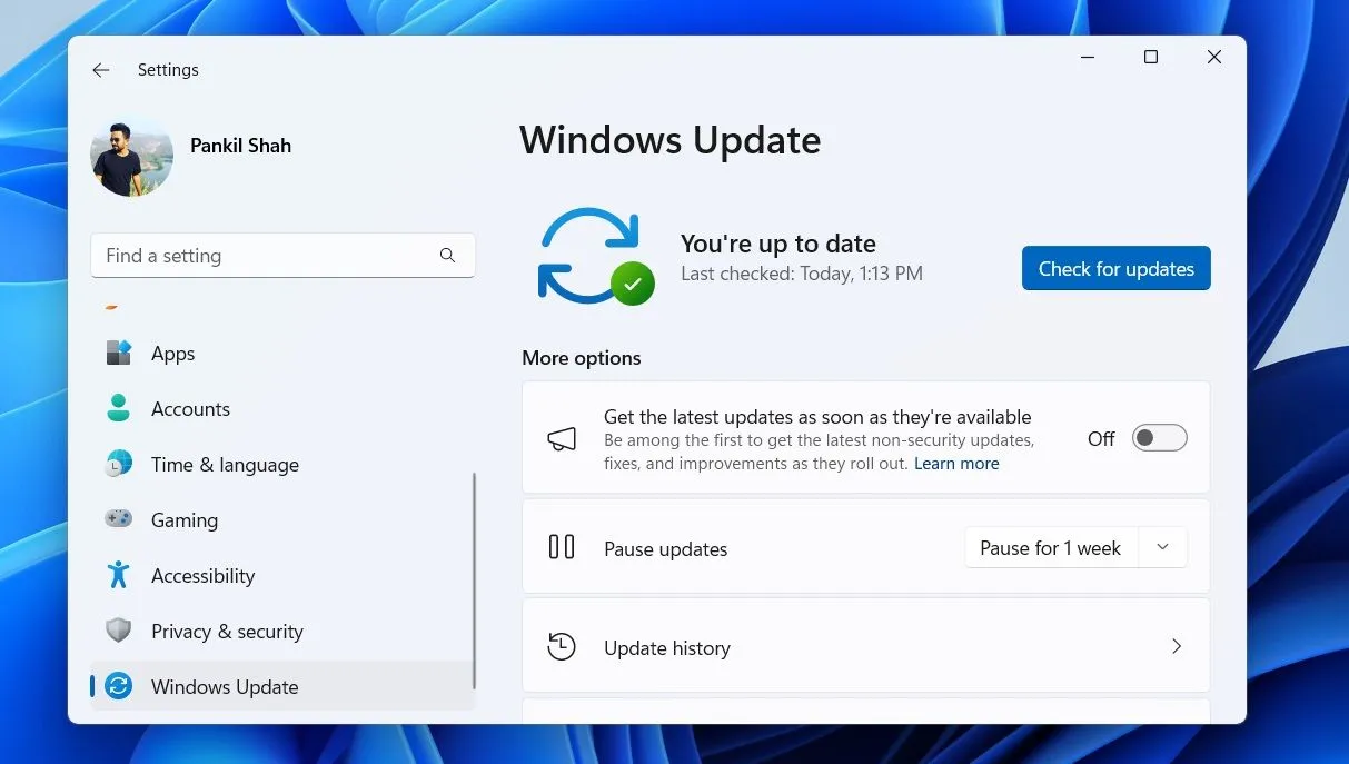 Giao diện Cài đặt Windows Update trên Windows 11 chính thức, nơi người dùng thường nhận các bản cập nhật bảo mật