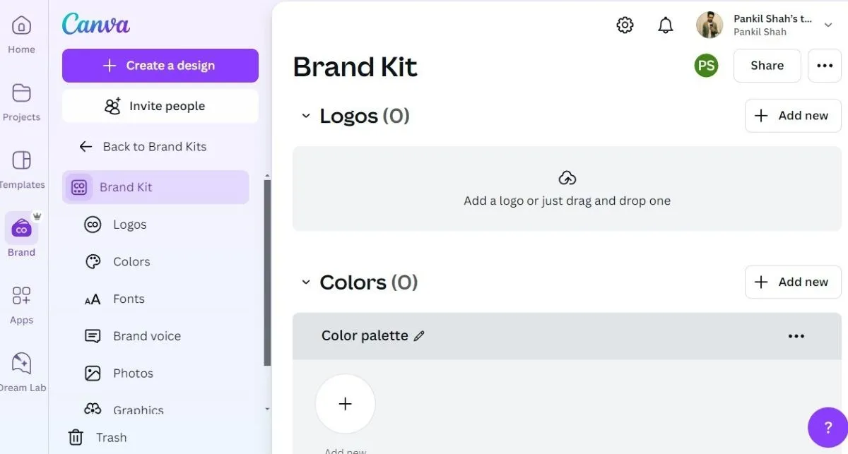 Giao diện Canva trên máy tính hiển thị tab Bộ nhận diện thương hiệu (Brand Kit).