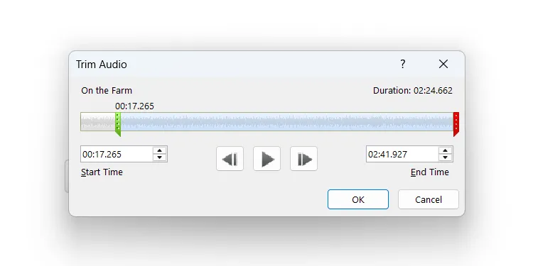Giao diện cắt âm thanh trong PowerPoint với các thanh điều chỉnh thời gian bắt đầu và kết thúc.