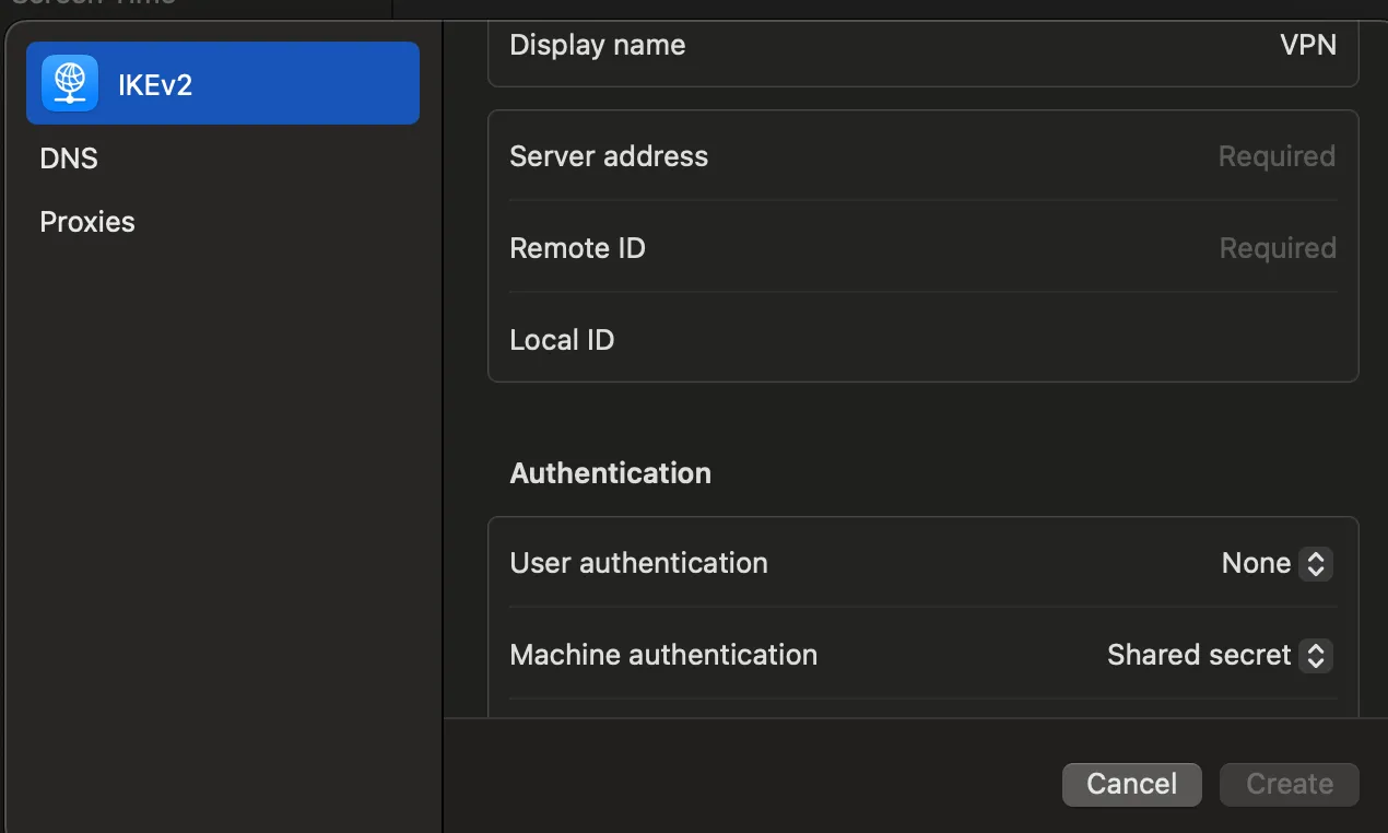 Giao diện cấu hình VPN thủ công trên hệ điều hành macOS