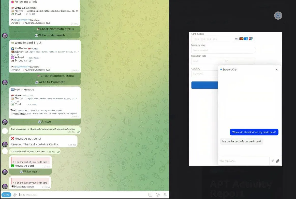 Giao diện chatbot lừa đảo Telekopye hiển thị tin nhắn được dịch tự động từ kẻ tấn công và nạn nhân