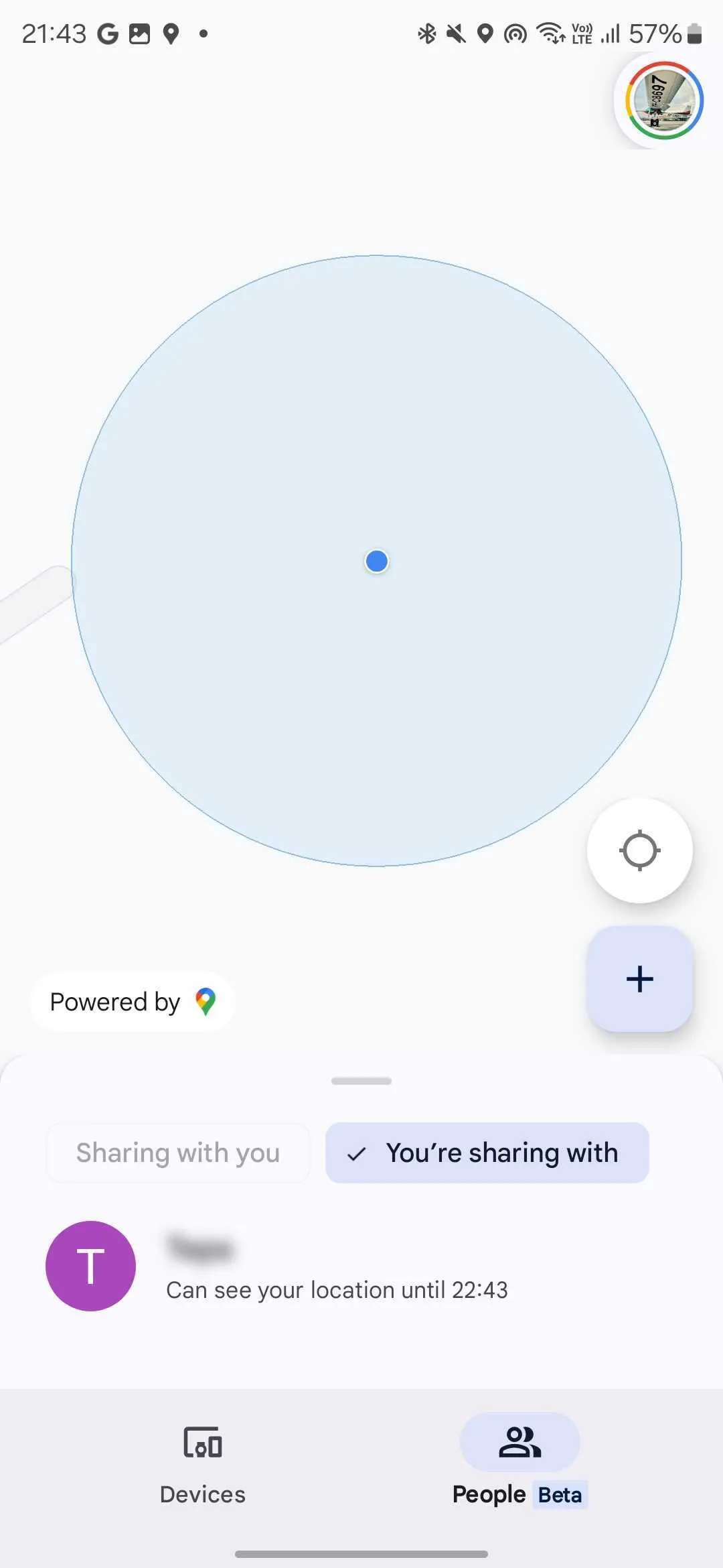 Giao diện chia sẻ vị trí trong Google Find My Device, hiển thị danh sách liên hệ và tùy chọn thời gian