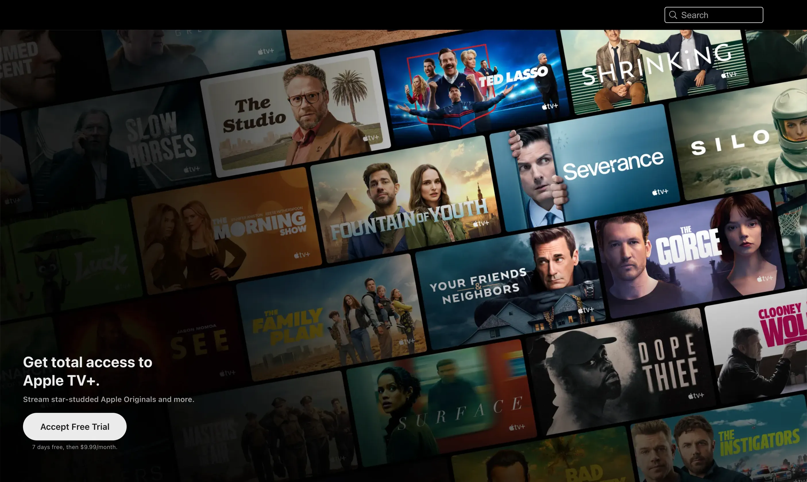 Giao diện chính của Apple TV+, tập trung vào các series phim gốc chất lượng cao.