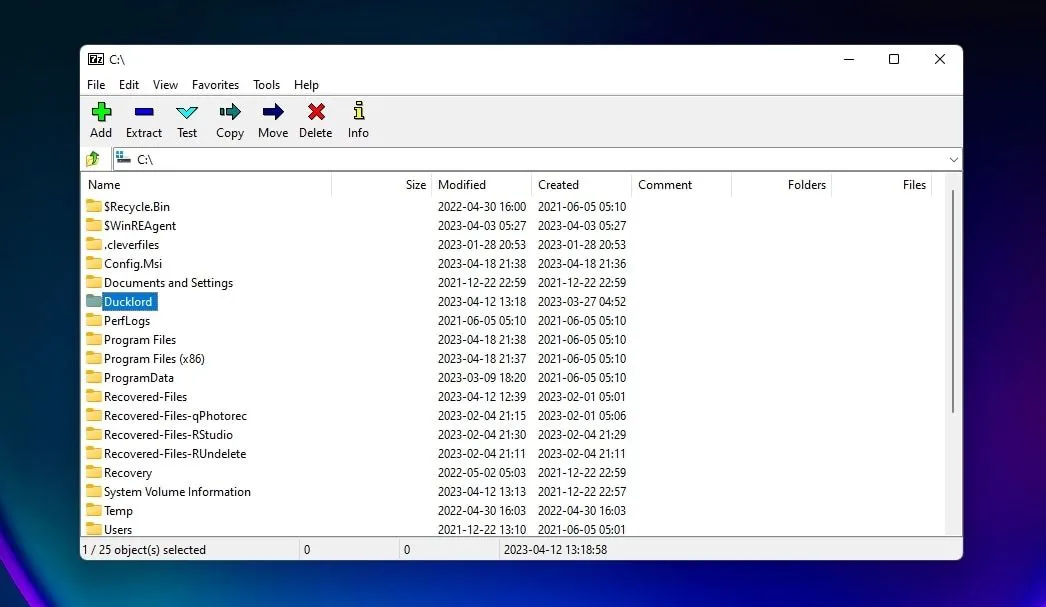 Giao diện chính của phần mềm nén và giải nén 7-Zip