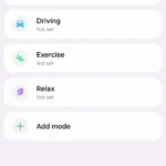 Giao diện chính của tính năng Chế độ và Kịch bản (Modes and Routines) trên điện thoại Samsung, hiển thị các tùy chọn cá nhân hóa tiện ích.