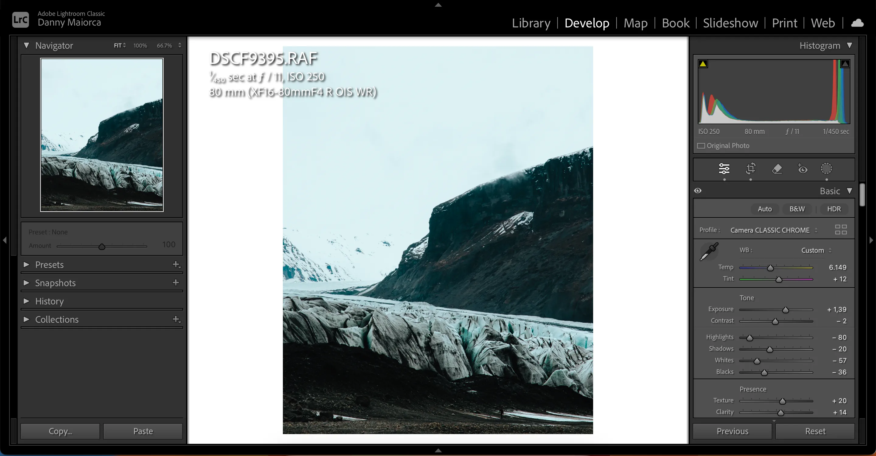Giao diện chỉnh sửa ảnh trong Lightroom Classic, thể hiện quy trình làm việc thủ công và chi tiết