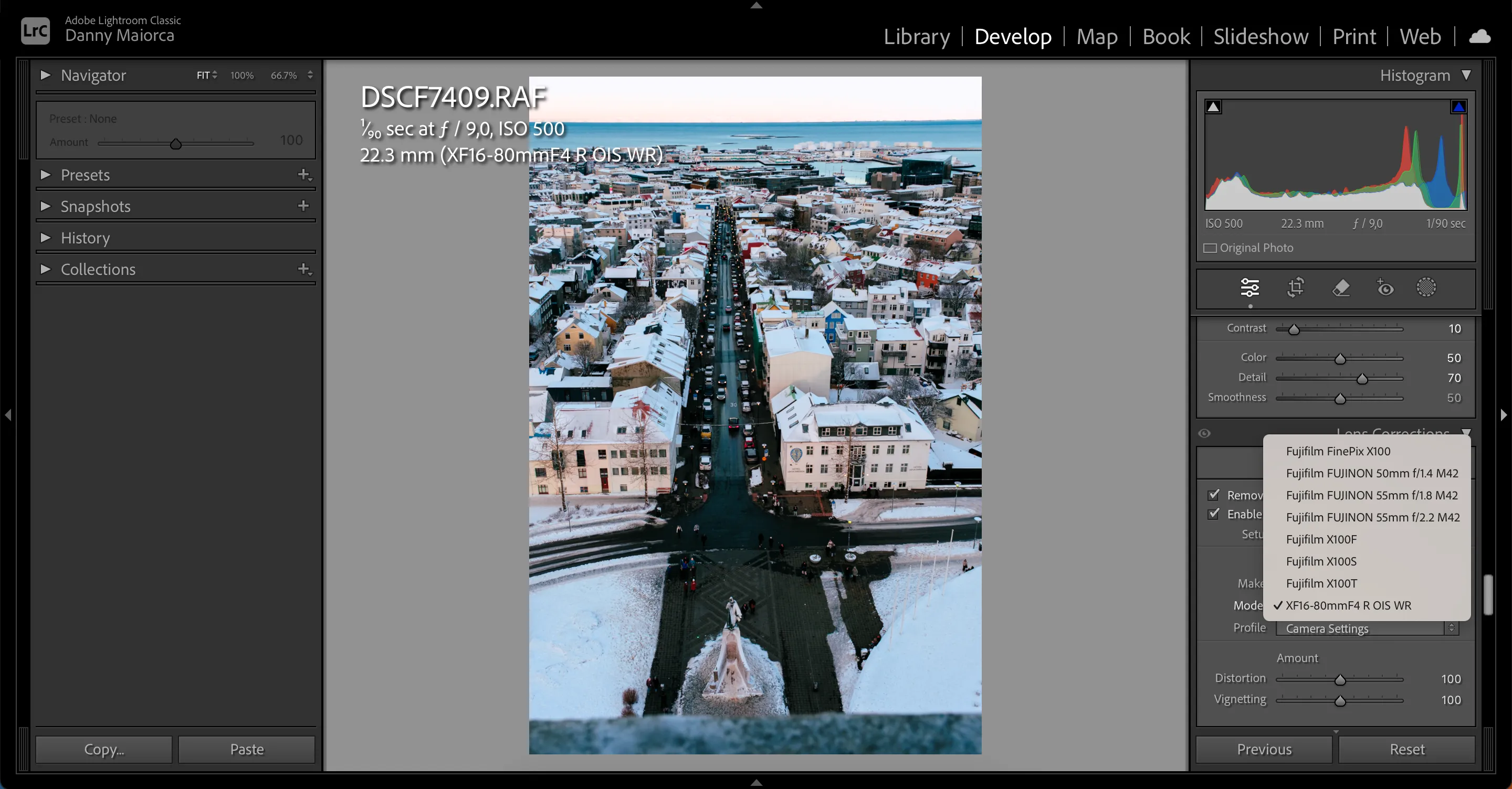 Giao diện chỉnh sửa hồ sơ ống kính (Lens Profiles) trong Adobe Lightroom, hiển thị các tùy chọn sửa lỗi quang học của ống kính.