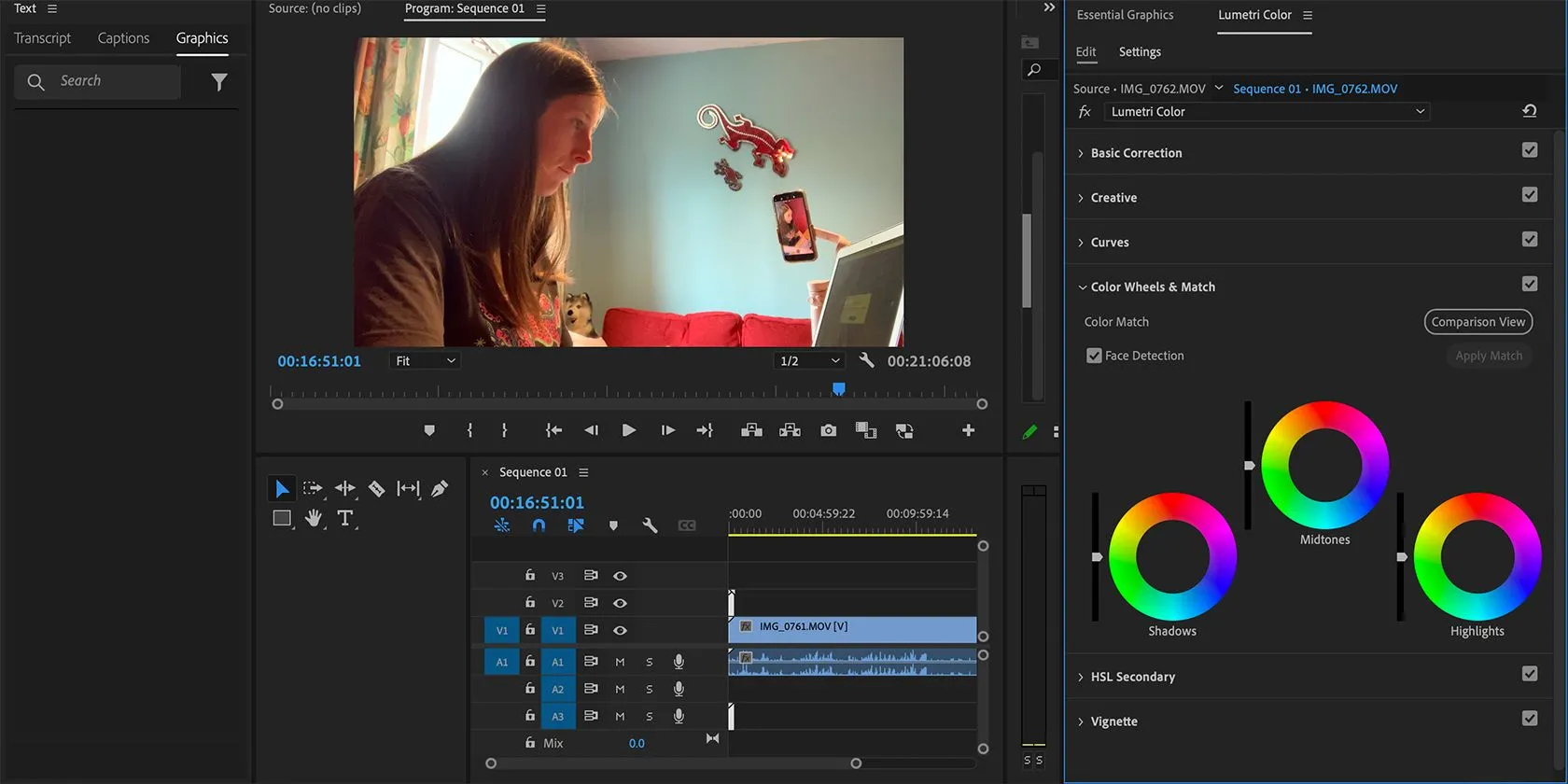 Giao diện chỉnh sửa màu sắc trong Adobe Premiere Pro, minh họa khó khăn khi chạy phần mềm chuyên nghiệp trên Snapdragon X Elite.