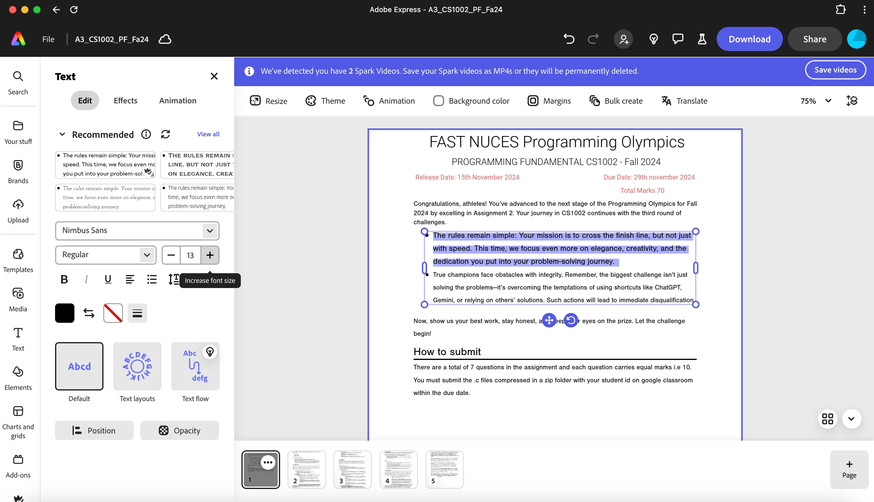 Giao diện chỉnh sửa một tài liệu PDF trong Adobe Express, cho phép điều chỉnh văn bản và hình ảnh.