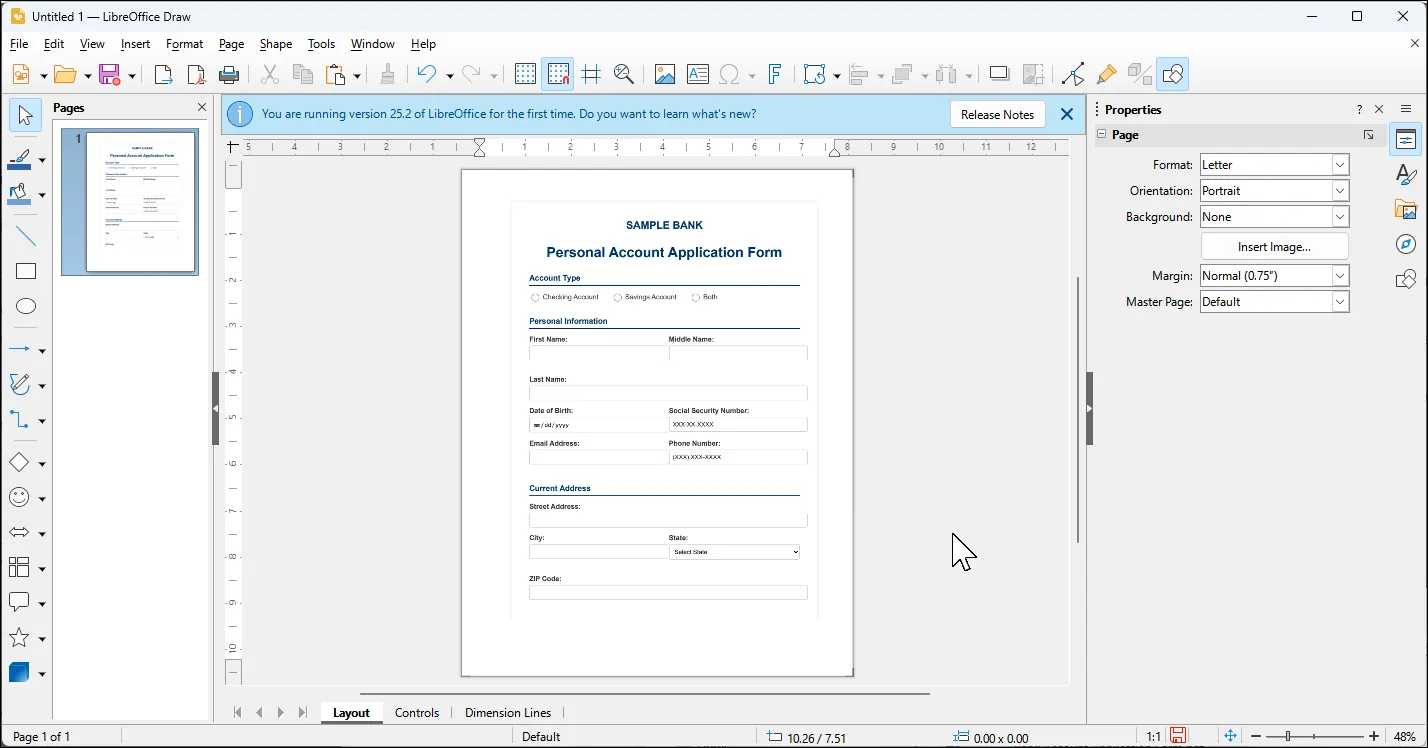 Giao diện chỉnh sửa PDF của LibreOffice Draw, hiển thị các công cụ và thanh công cụ đồ họa vector.