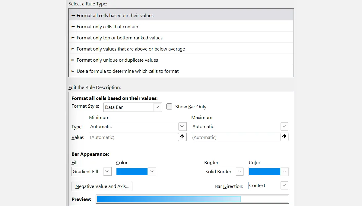 Giao diện chỉnh sửa quy tắc định dạng cho Thanh dữ liệu (Data Bars) trong Microsoft Excel, cho phép tùy chỉnh màu sắc, kiểu hiển thị và giá trị min/max.