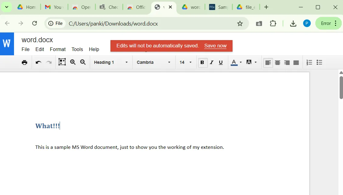 Giao diện chỉnh sửa tài liệu Word trực tiếp trong trình duyệt Google Chrome với tiện ích Office Editing.