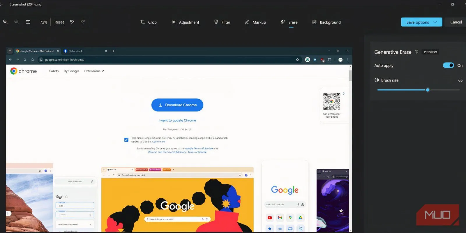 Giao diện chỉnh sửa trong ứng dụng Photos với tùy chọn Generative Erase đã được chọn