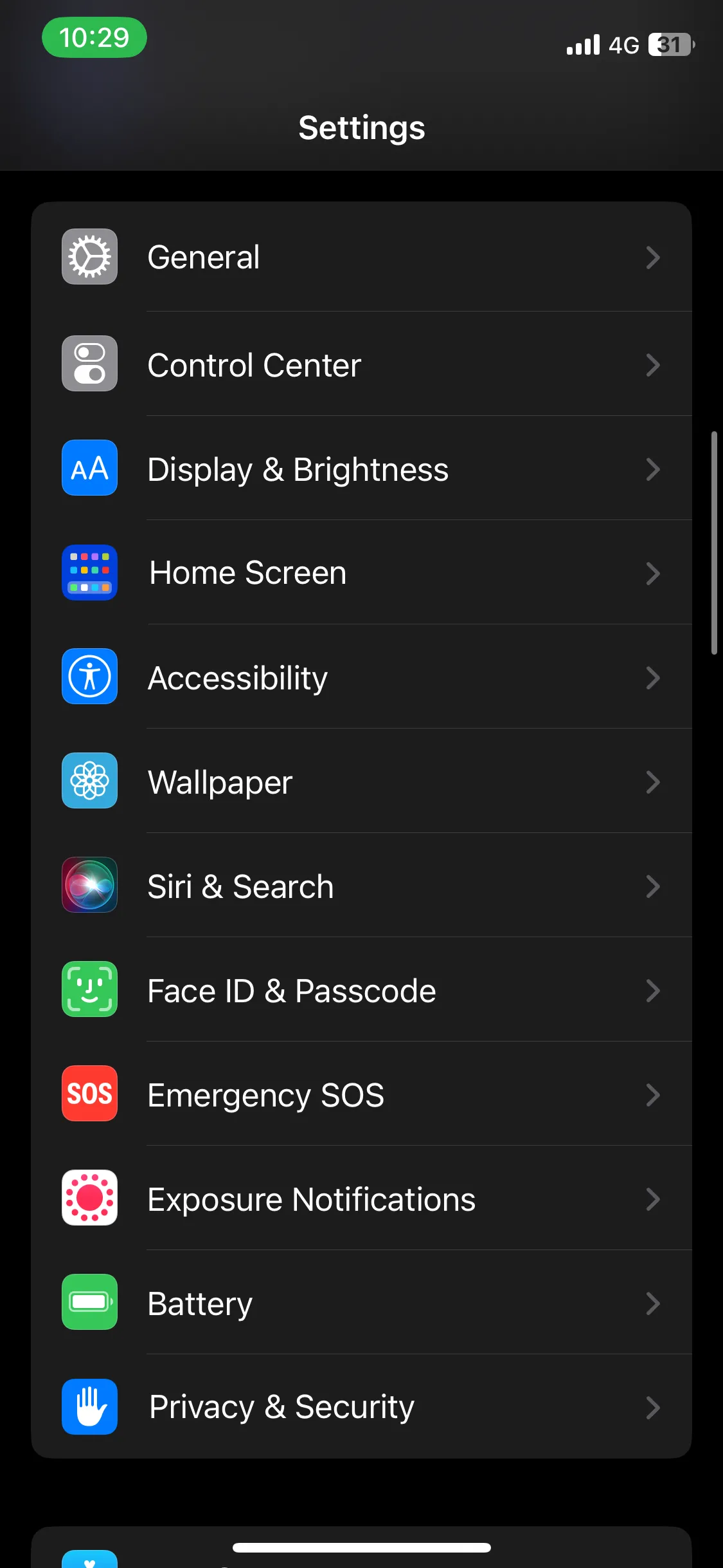 Giao diện chính ứng dụng Cài đặt (Settings) trên iPhone