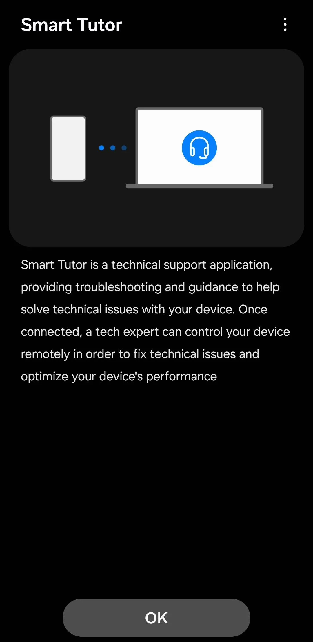 Giao diện chính ứng dụng Smart Tutor trên điện thoại Galaxy, hiển thị mã kết nối hỗ trợ từ xa.