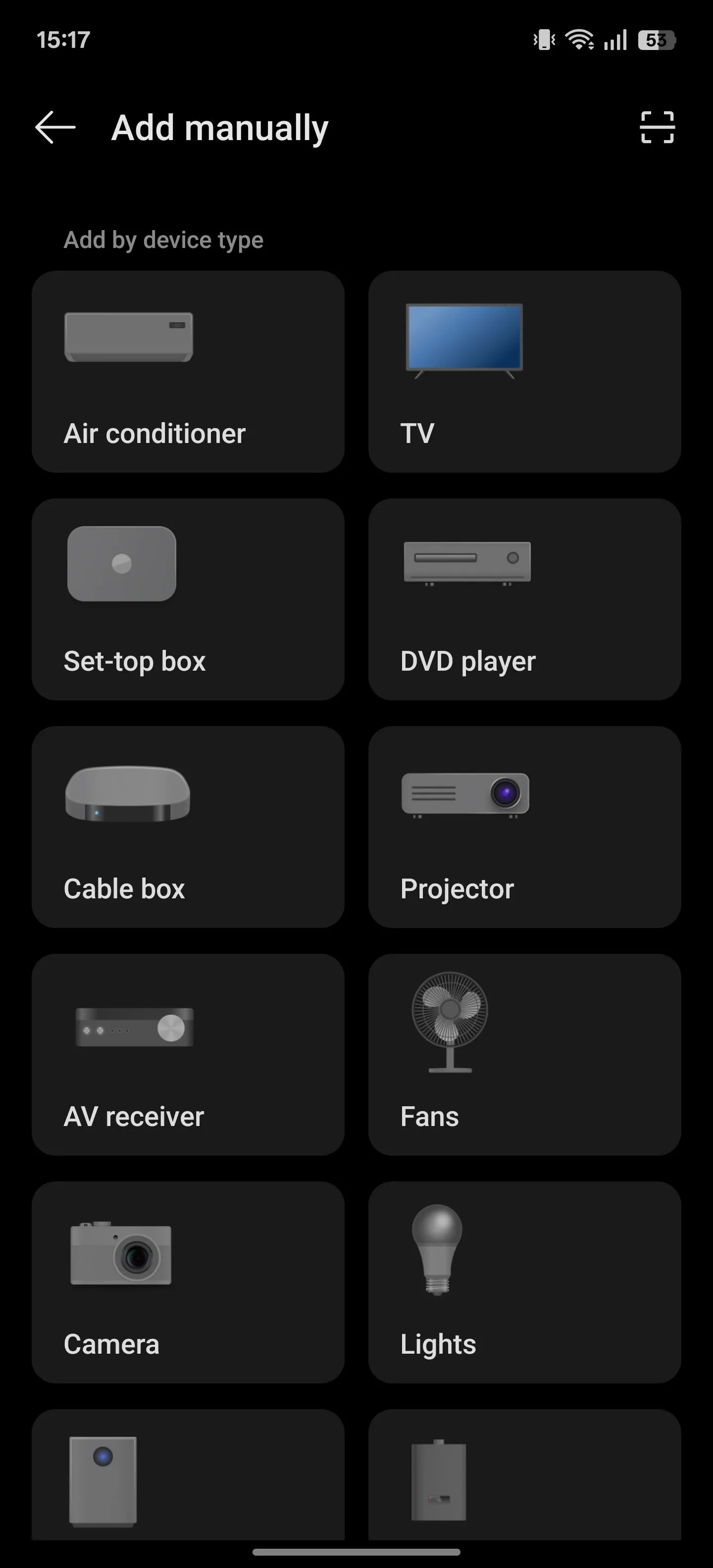 Giao diện chọn loại thiết bị (ví dụ: TV, điều hòa, máy chiếu) trong ứng dụng điều khiển từ xa IR Remote trên điện thoại OnePlus, phục vụ việc thiết lập cảm biến hồng ngoại.