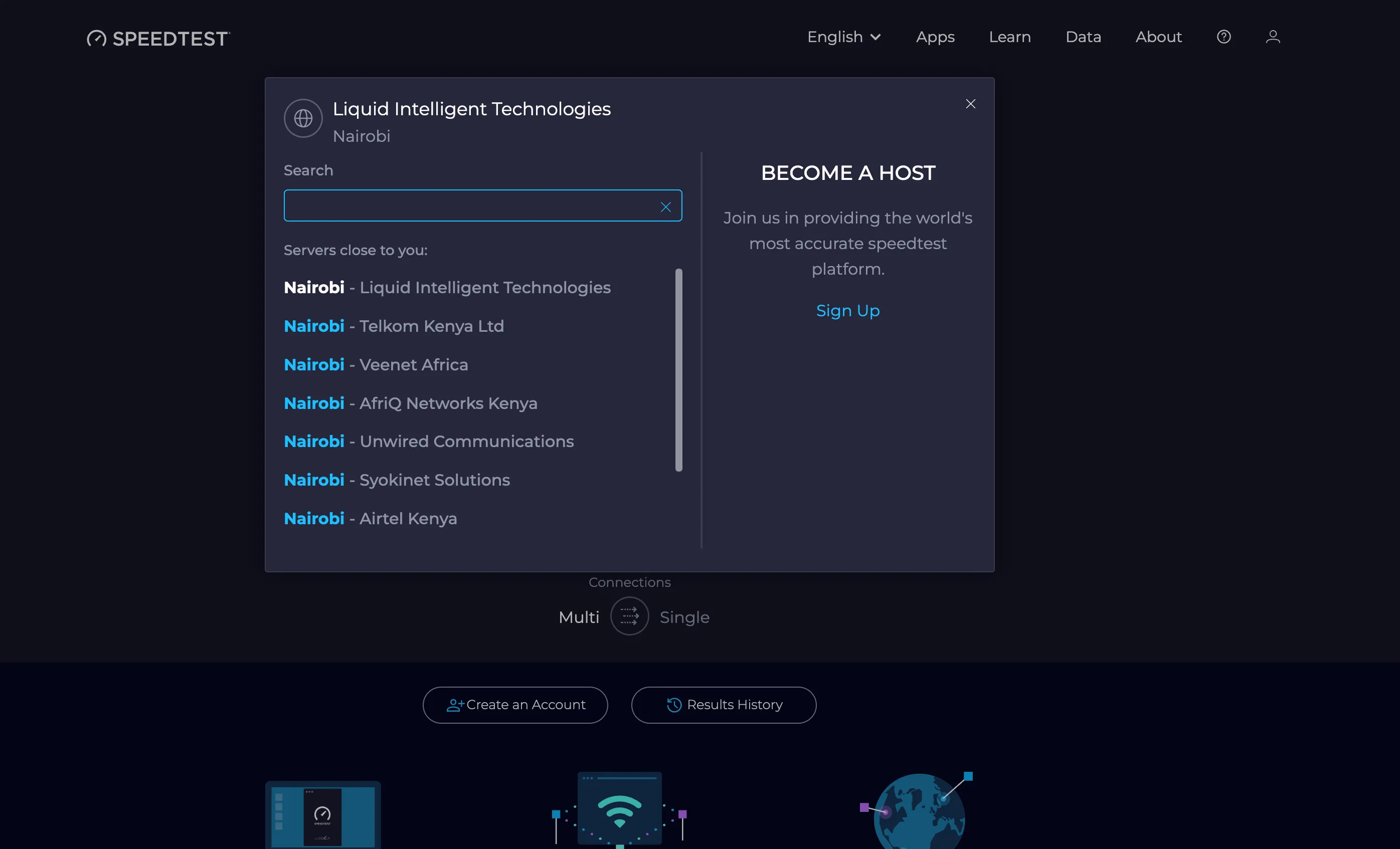 Giao diện chọn máy chủ kiểm tra tốc độ trên Ookla Speedtest
