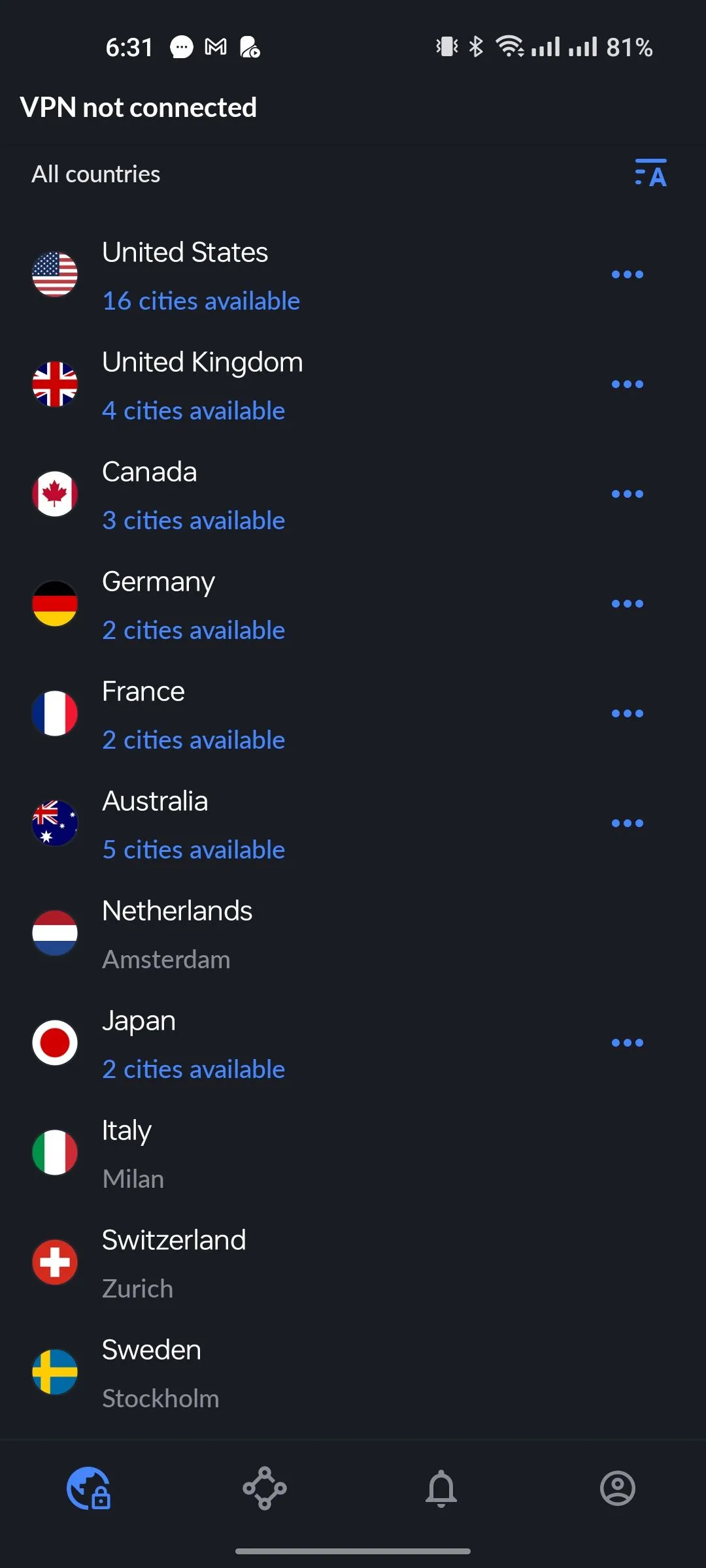 Giao diện chọn máy chủ VPN trong ứng dụng NordVPN