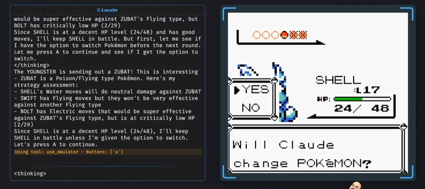 Giao diện Claude AI chơi Pokémon trên Twitch với cửa sổ suy luận hiển thị các bước phân tích và đưa ra quyết định của chatbot