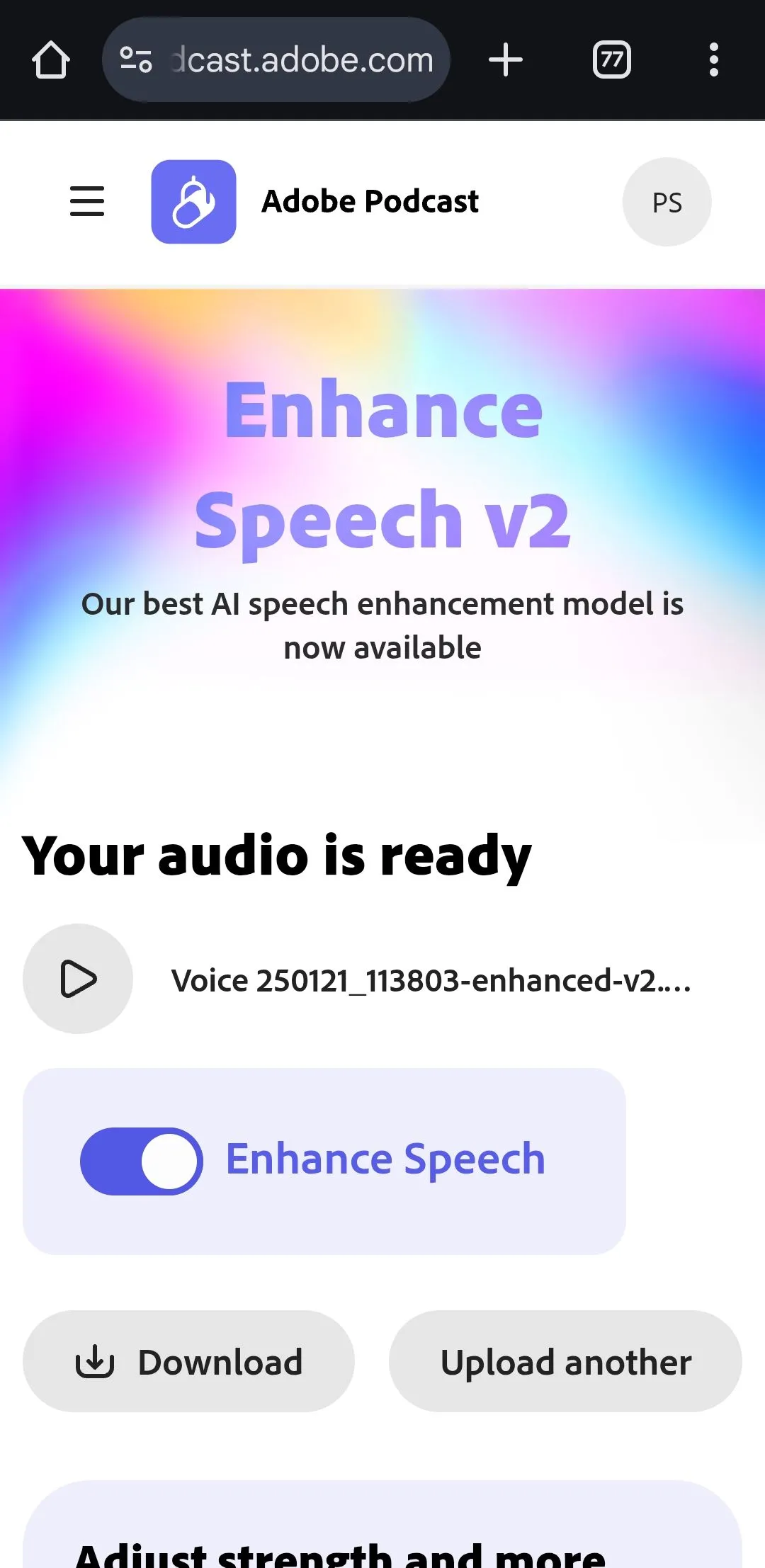 Giao diện công cụ AI Adobe Enhance Speech giúp loại bỏ tiếng ồn và cải thiện chất lượng âm thanh.