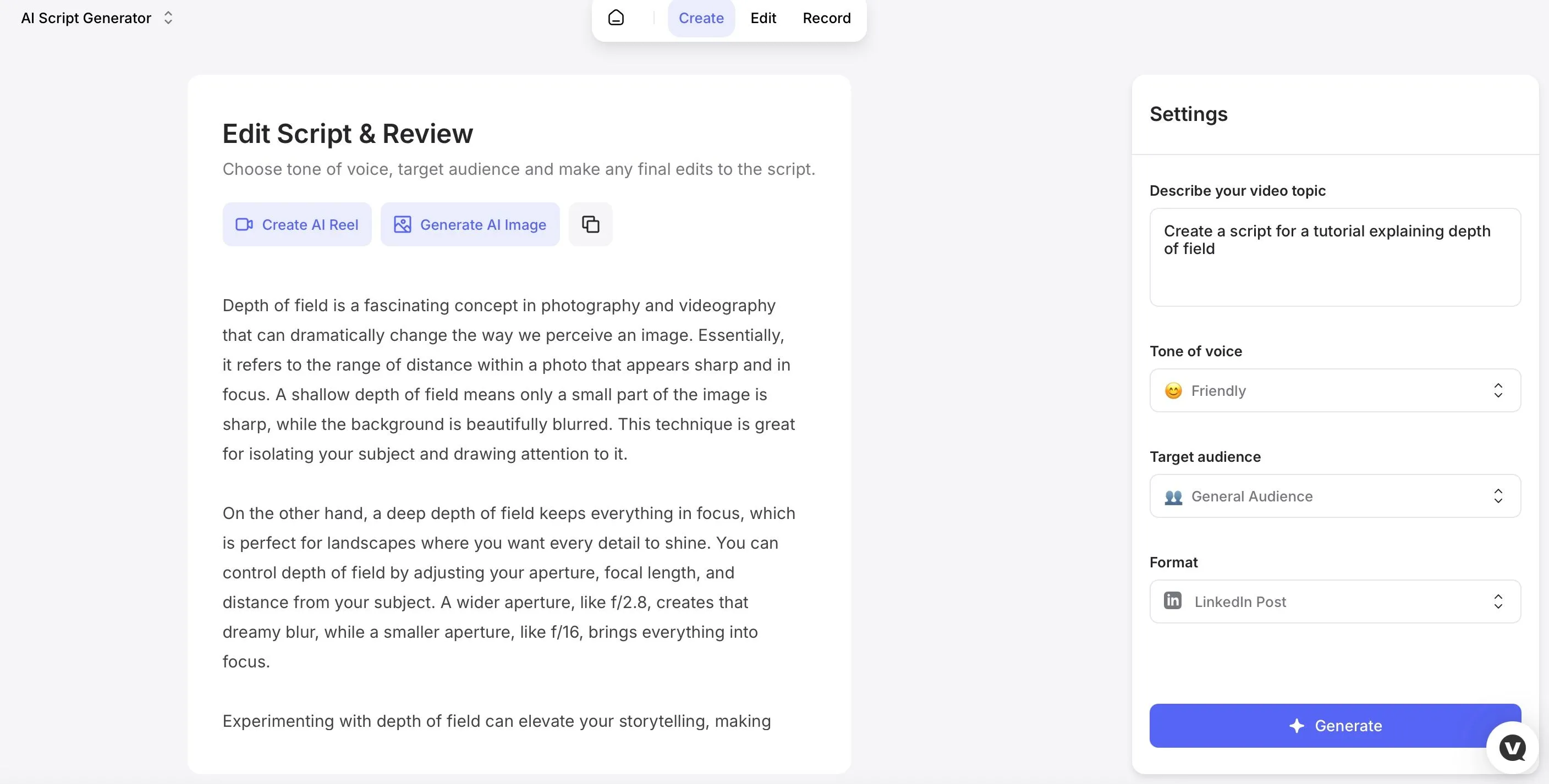 Giao diện công cụ AI Script Generator của Veed.io giúp tạo kịch bản video nhanh chóng.