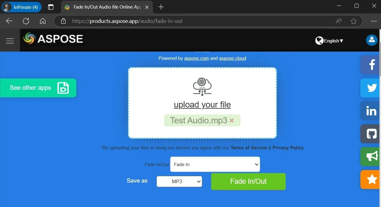 Giao diện công cụ Aspose online giúp tạo hiệu ứng fade in và fade out cho file âm thanh.