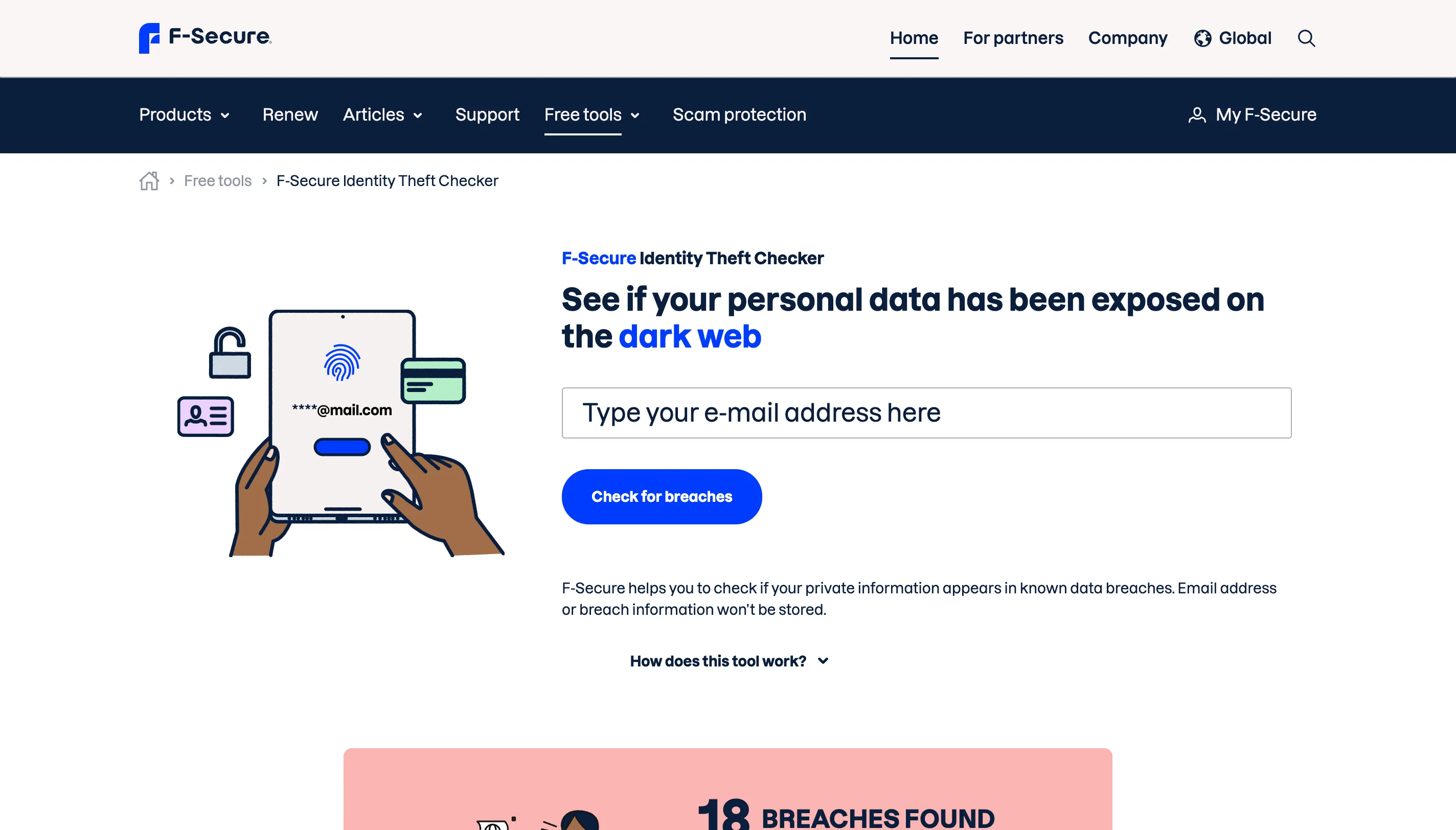 Giao diện công cụ F-Secure Identity Theft Checker dùng để phát hiện rò rỉ thông tin cá nhân