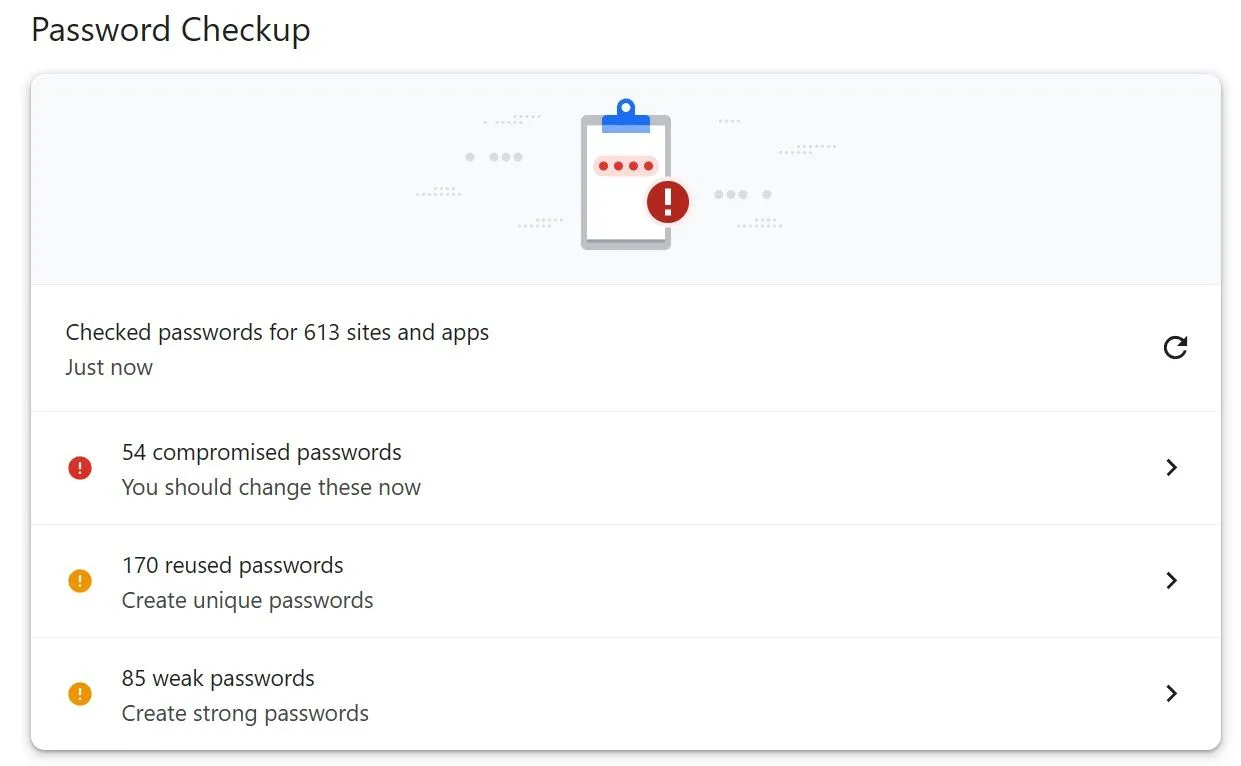 Giao diện công cụ kiểm tra mật khẩu của Google Password Manager trên trình duyệt Chrome