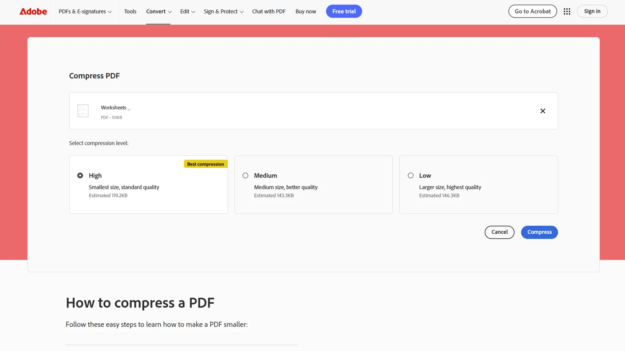 Giao diện công cụ nén PDF của Adobe hiển thị các mức chất lượng nén và ước tính kích thước tệp