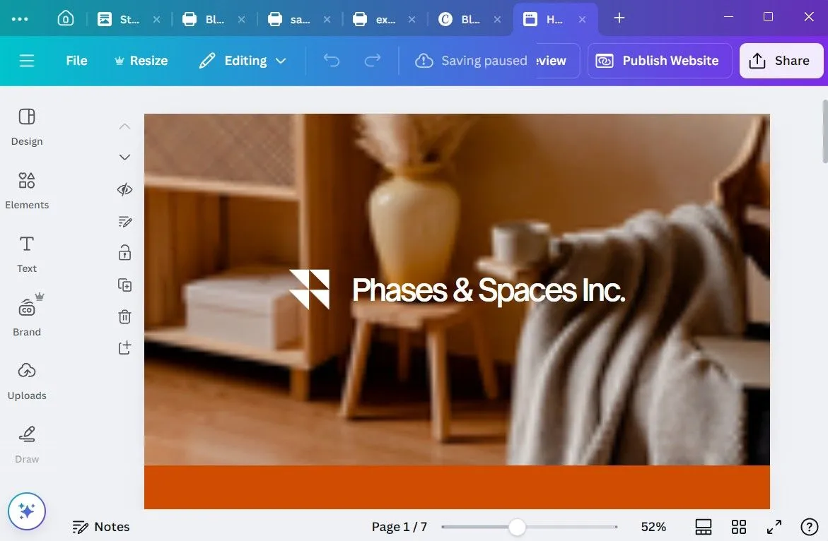Giao diện công cụ tạo website của Canva trên máy tính