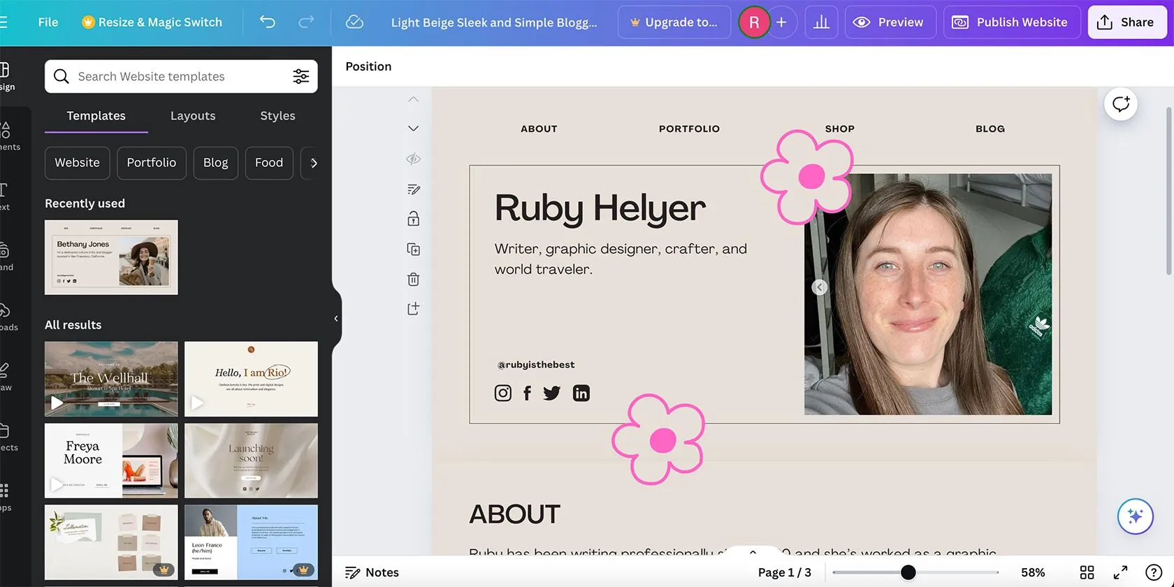 Giao diện công cụ tạo website của Canva với các tùy chọn thiết kế và xuất bản
