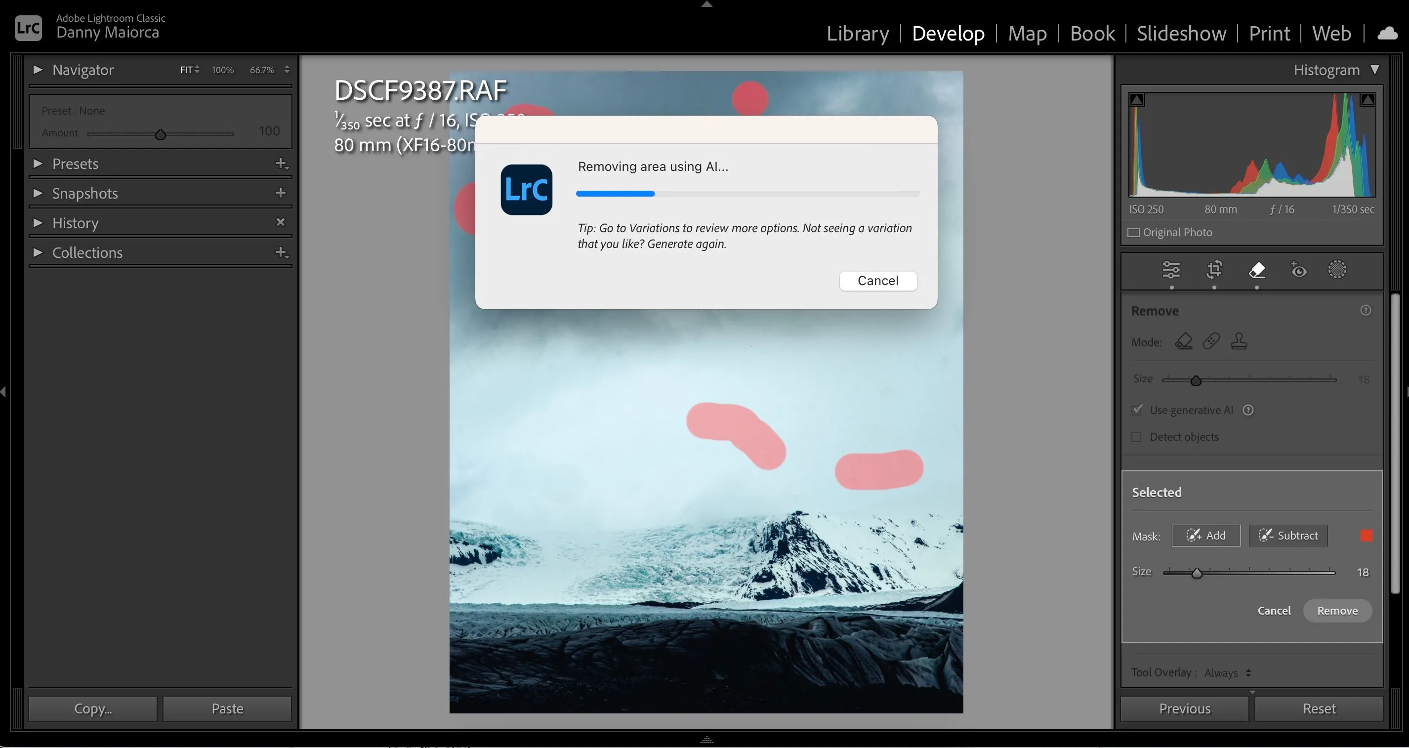Giao diện công cụ xóa điểm AI tạo sinh trong Adobe Lightroom đang xử lý nhiều vết bẩn trên ảnh